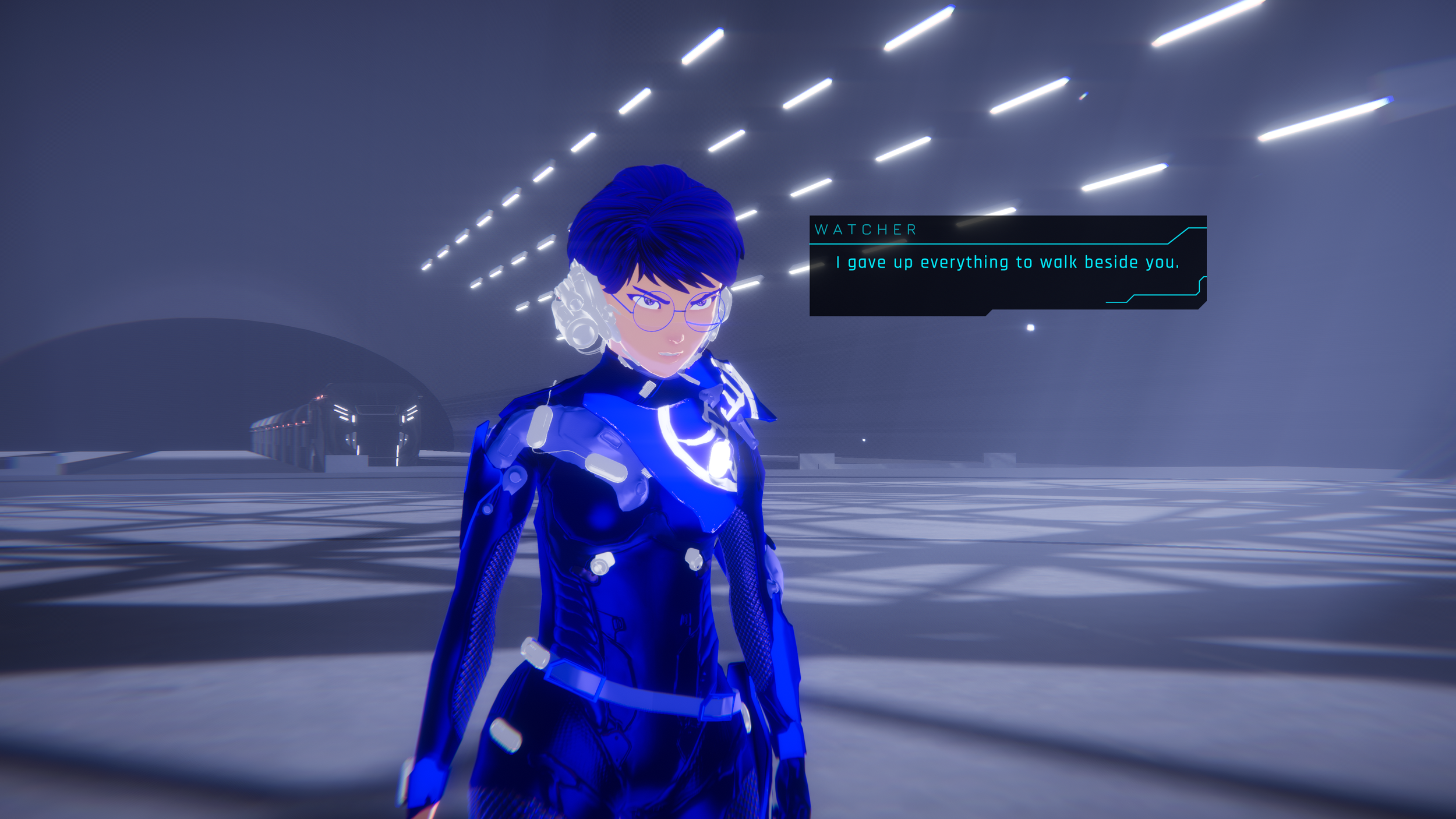 A woman in blue neon clothing, wearing glasses, angrily looks forward with a text box hovering near her that says "I gave up everything to walk beside you."