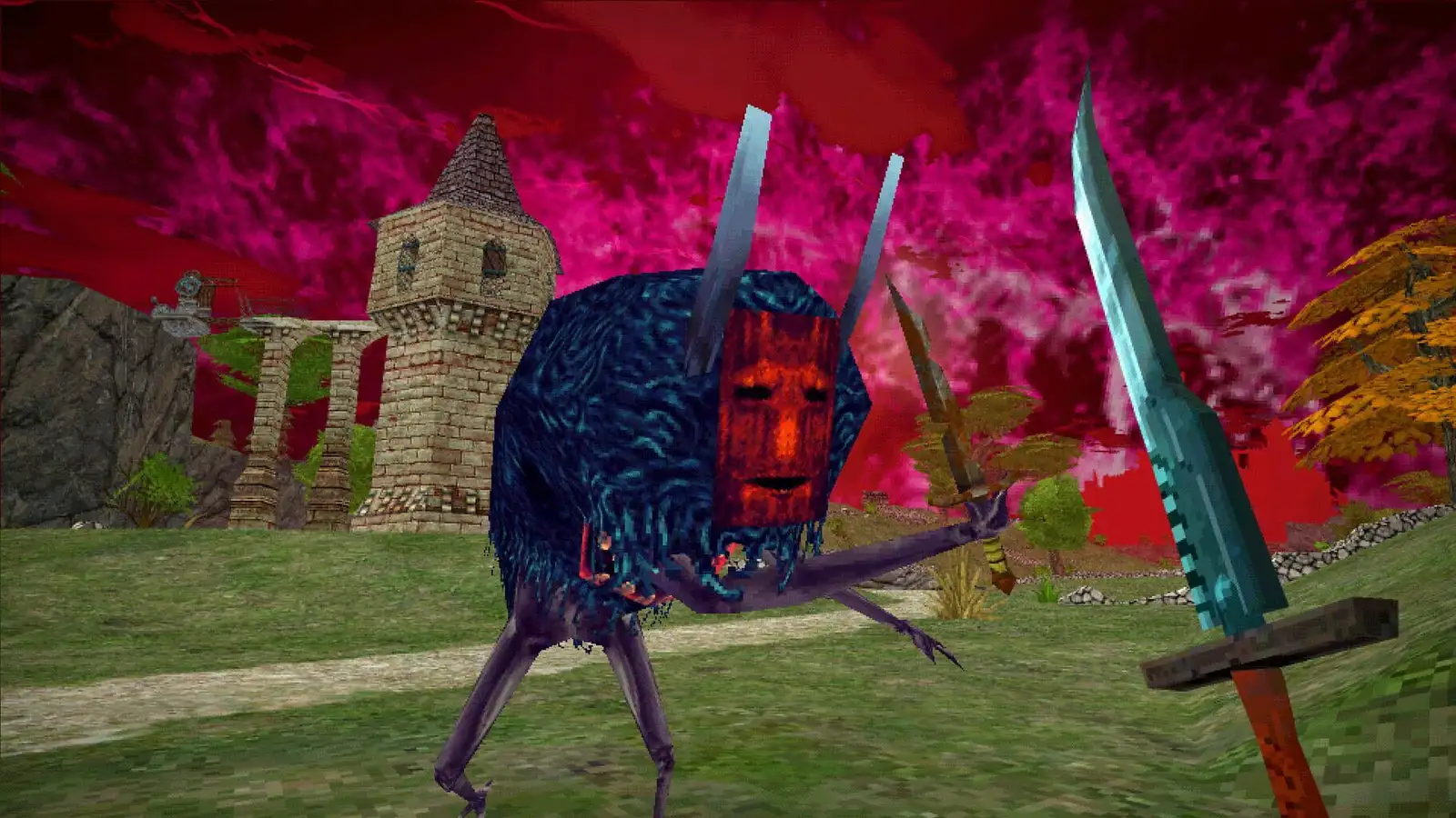 Another hideous monster, this time a hunchback with a demon mask, covered in shaggy black fur. A castle and red sky in the background, with the player seeming to hold a sword in first person.