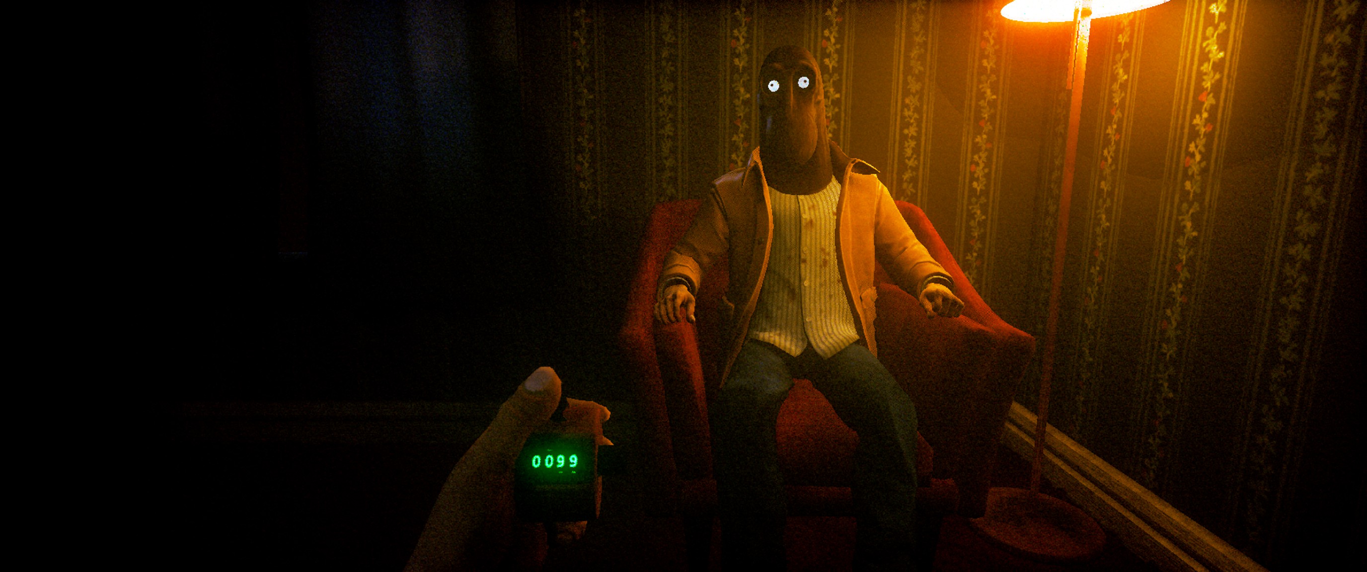 Screenshot from the game "Clickolding" in which a man in a mask sits next to a lamp while the player clicks a clicker.