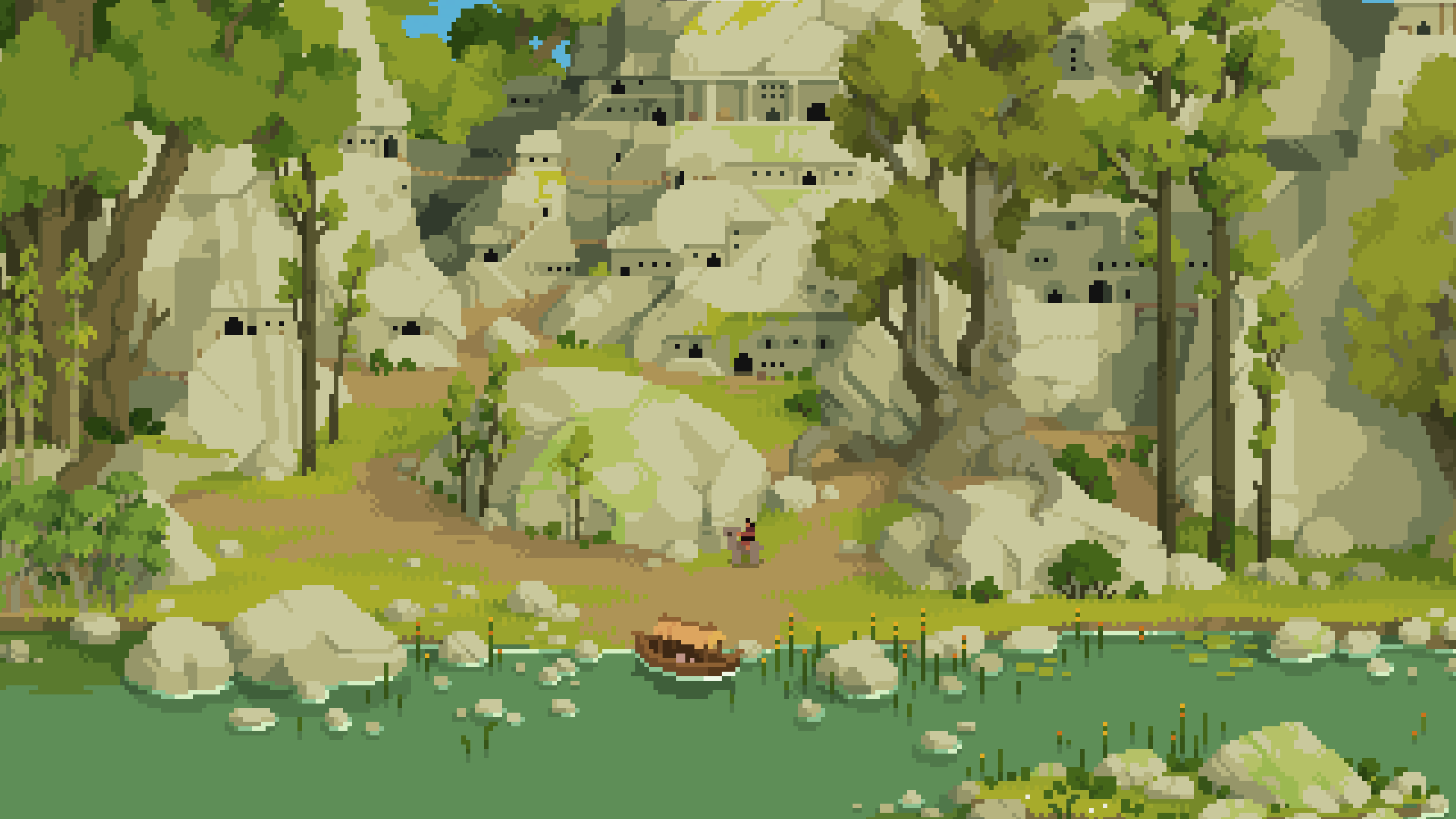 A village on a riverfront, in pixel art