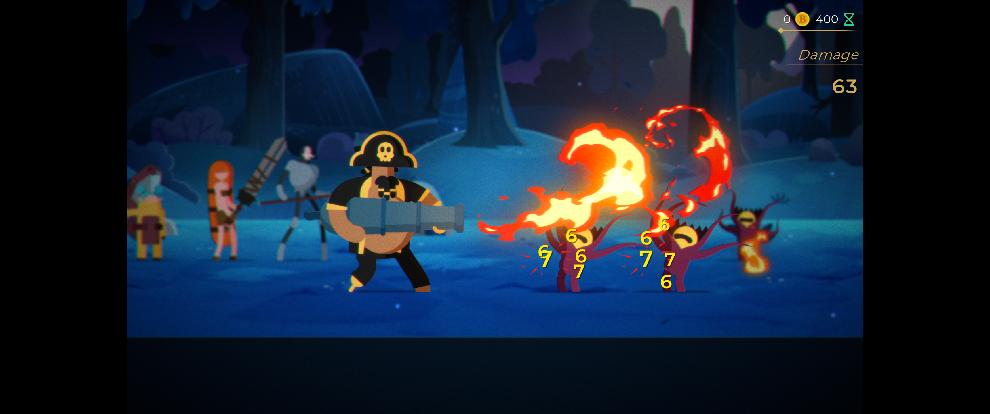 A pirate using a cannon like a flamethrower against monsters