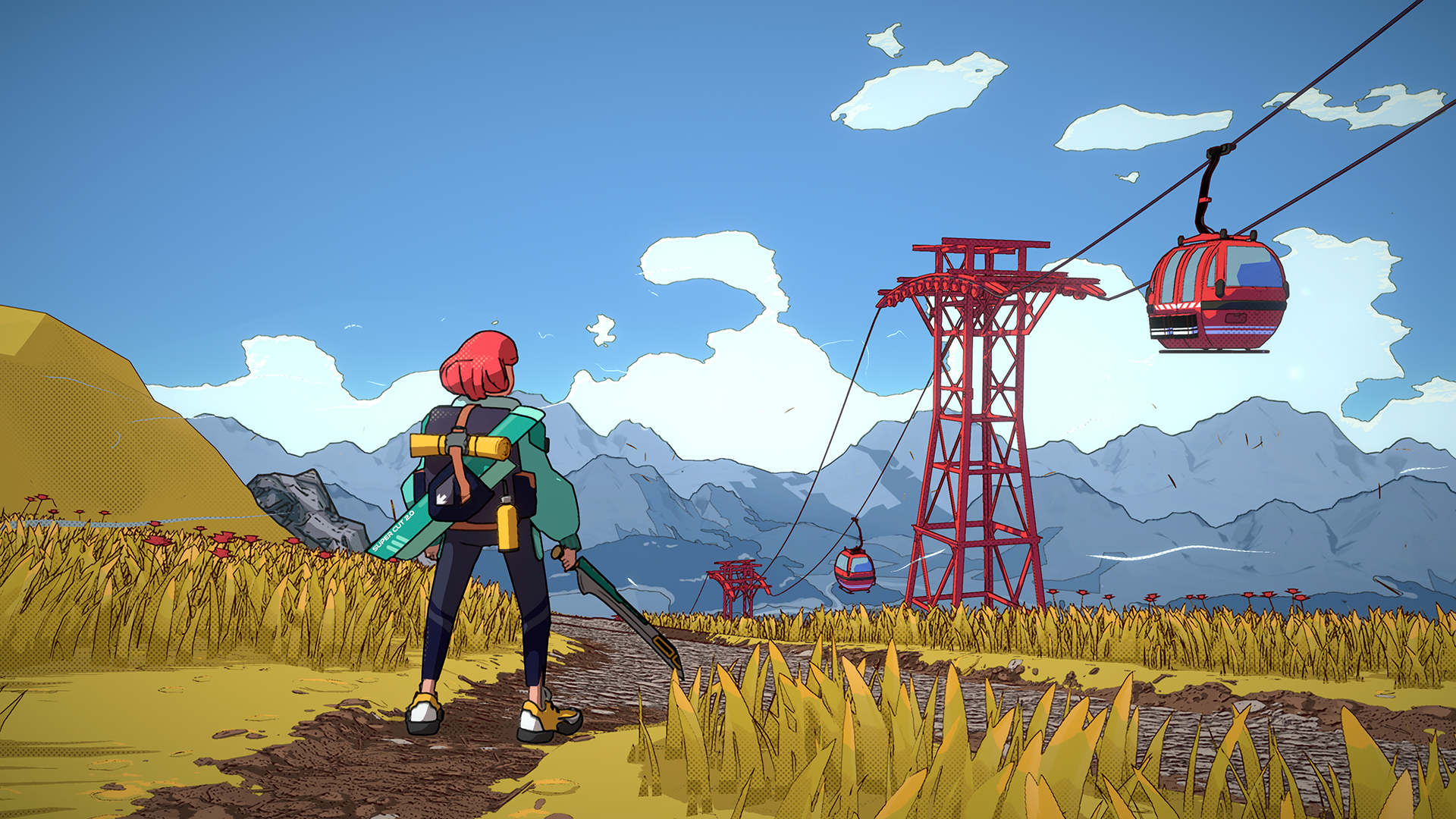 Main character looking at a cable car in the distance from a mountain trail