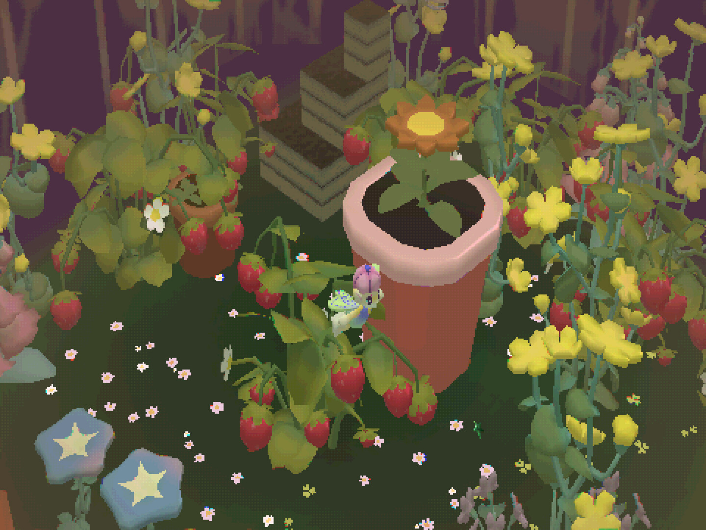 A cute garden with a shrunk down fairy character flying through it