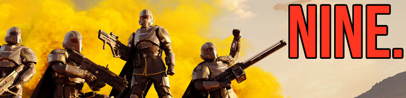 Four soldiers in futuristic armour stand in front of yellow smoke celebrating a victory, with the text "NINE." overlayed.