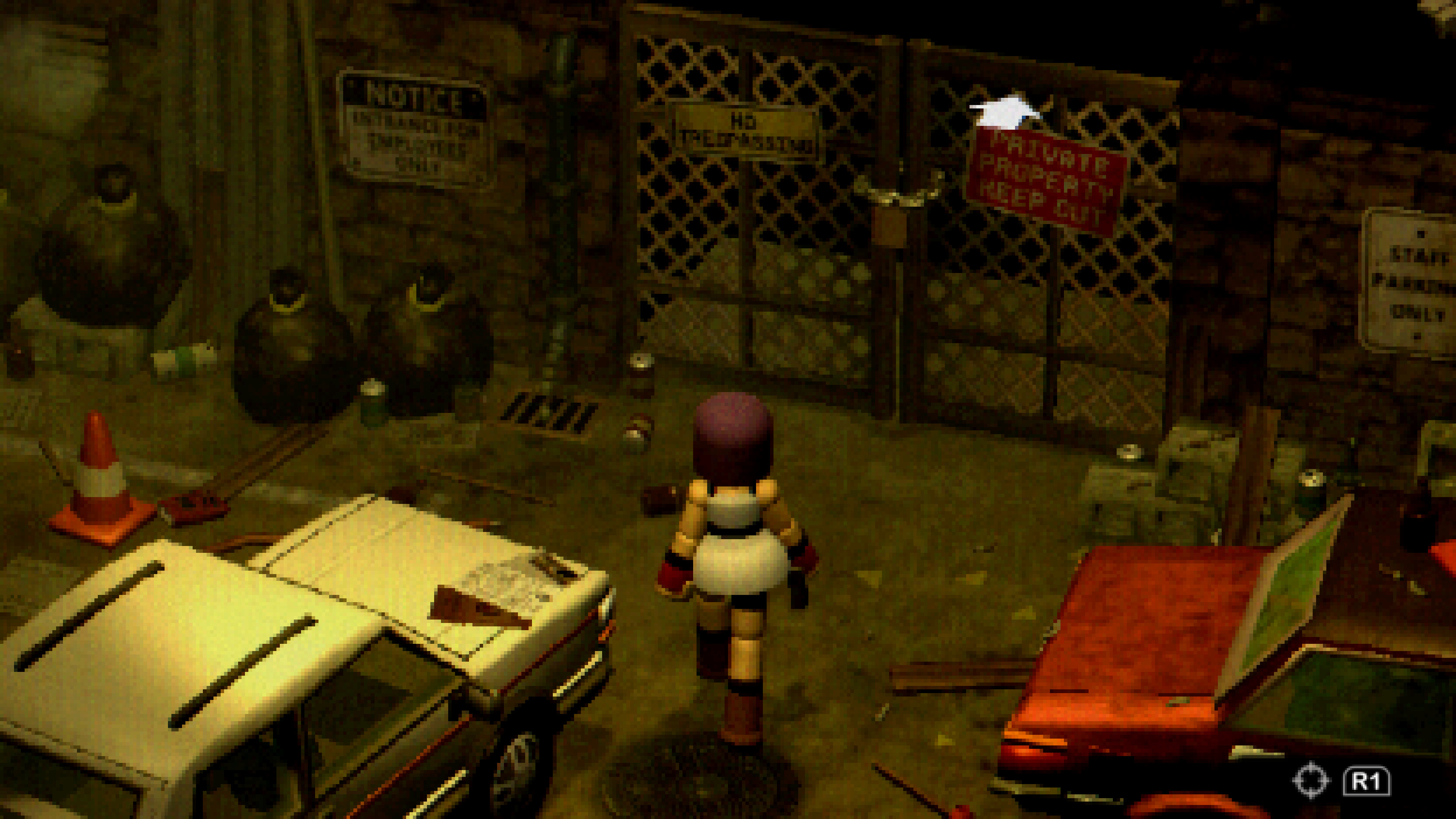 A woman with purple hair and a white dress walks next to an old 80s car towards a locked gate to an abandoned amusement park.