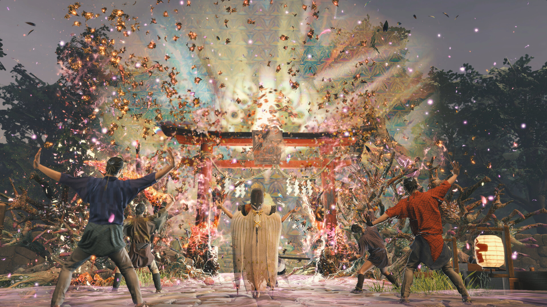 A celebration with a group of people in traditional Japanese clothing cleansing a cursed torii gate. Fireworks are shooting out in the background, and everyone is dancing. A woman in a white robe is in the centre of them all.