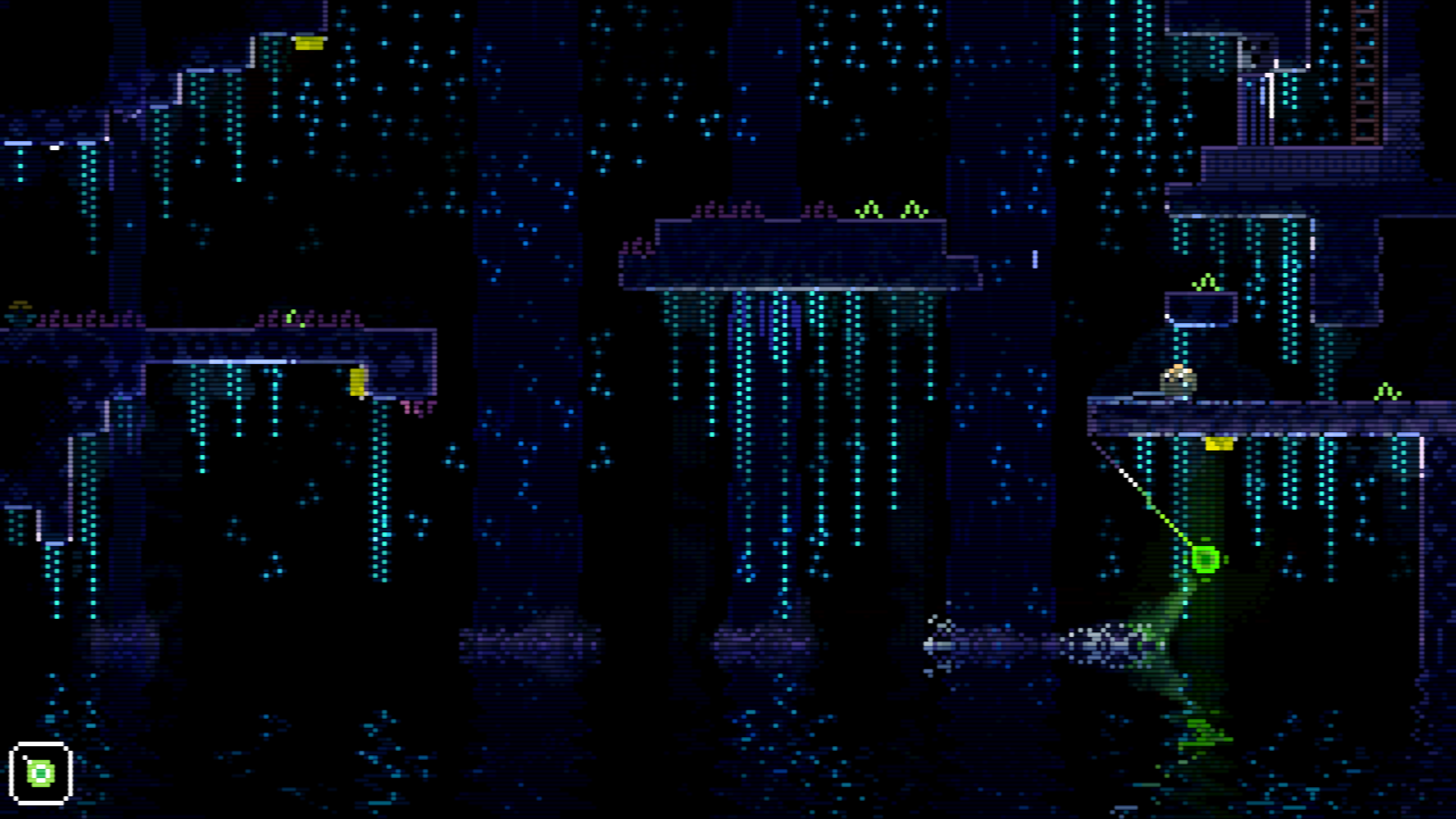 A dim, dank place with glowing green vines hanging from suspended platforms over water. A little creature uses a YoYo on the right hand side.