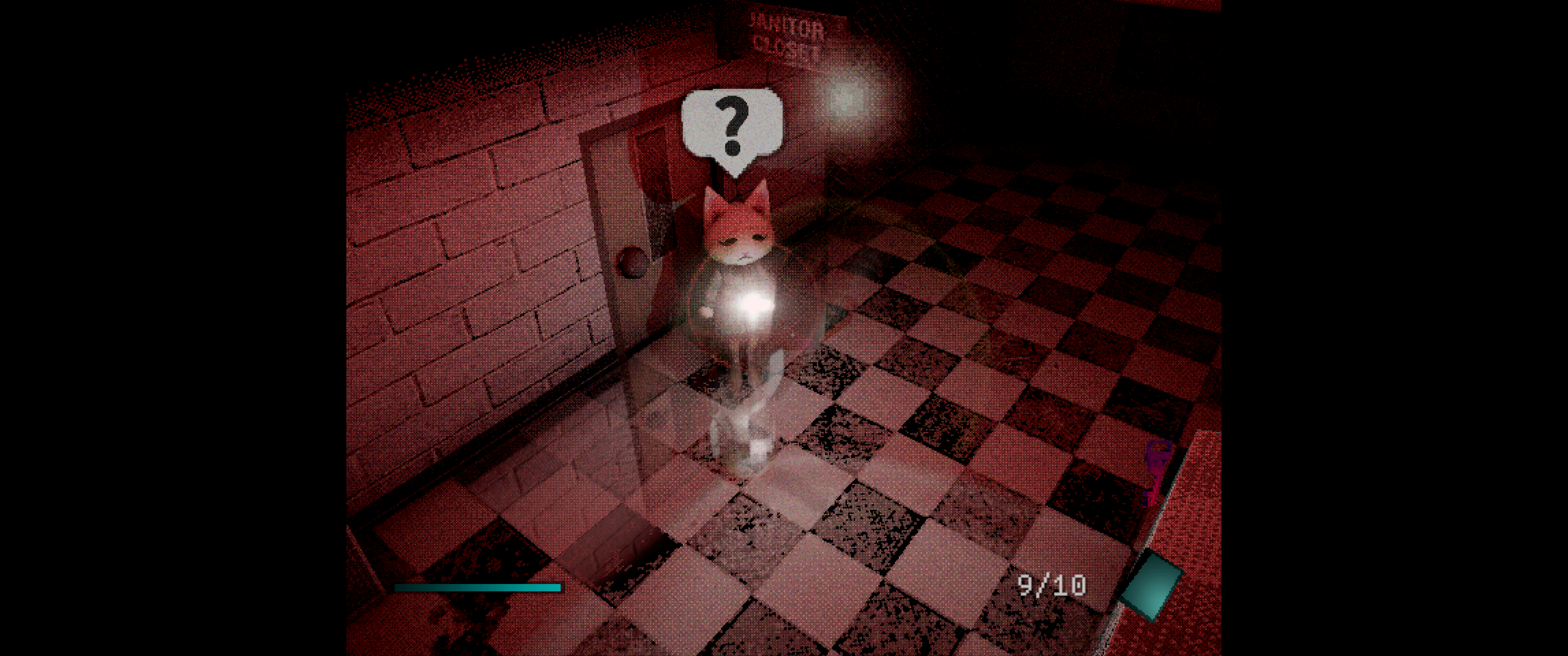 A humanoid cat creature, Haneko, exploring a school in the dark with a flashlight