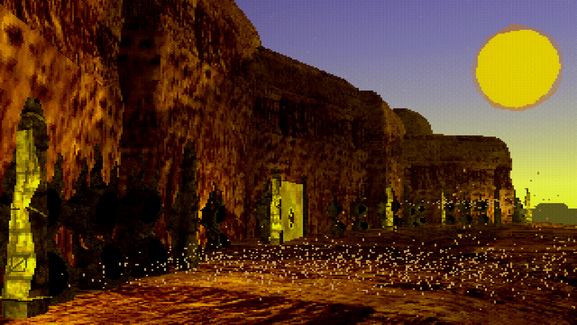 One of the prettier areas of the game was the canyon A canyon path with idols blowing wind across it.