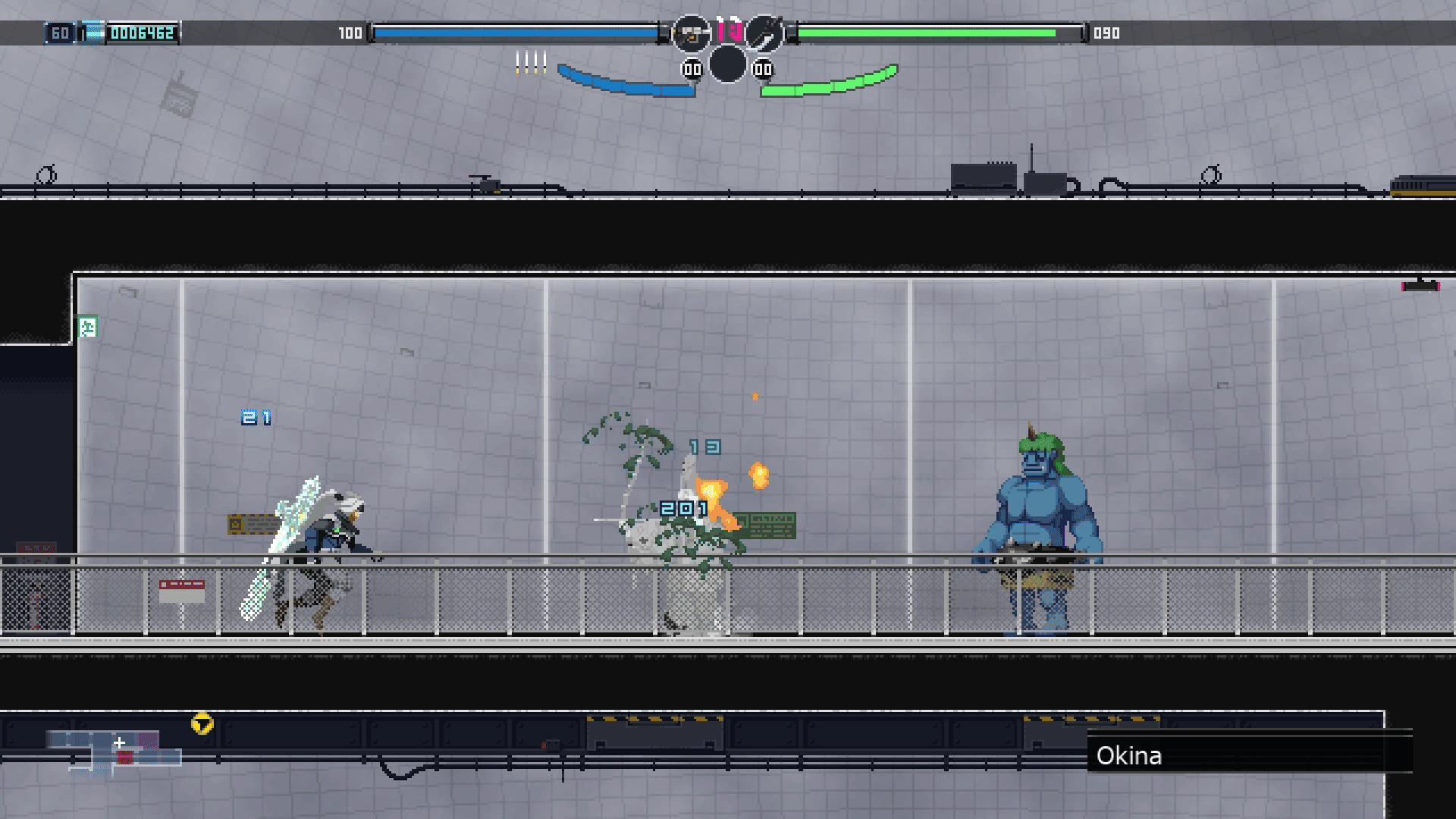 Animated gif of a combat encounter in the game. As one enemy dies, the player's character, a futuristic ninja, uses a a glowing sword toi weaken the demon enemy which is a big blue barbarian with a club. The player's character then uses a real sword and with a few swings reduces the demon to dust.