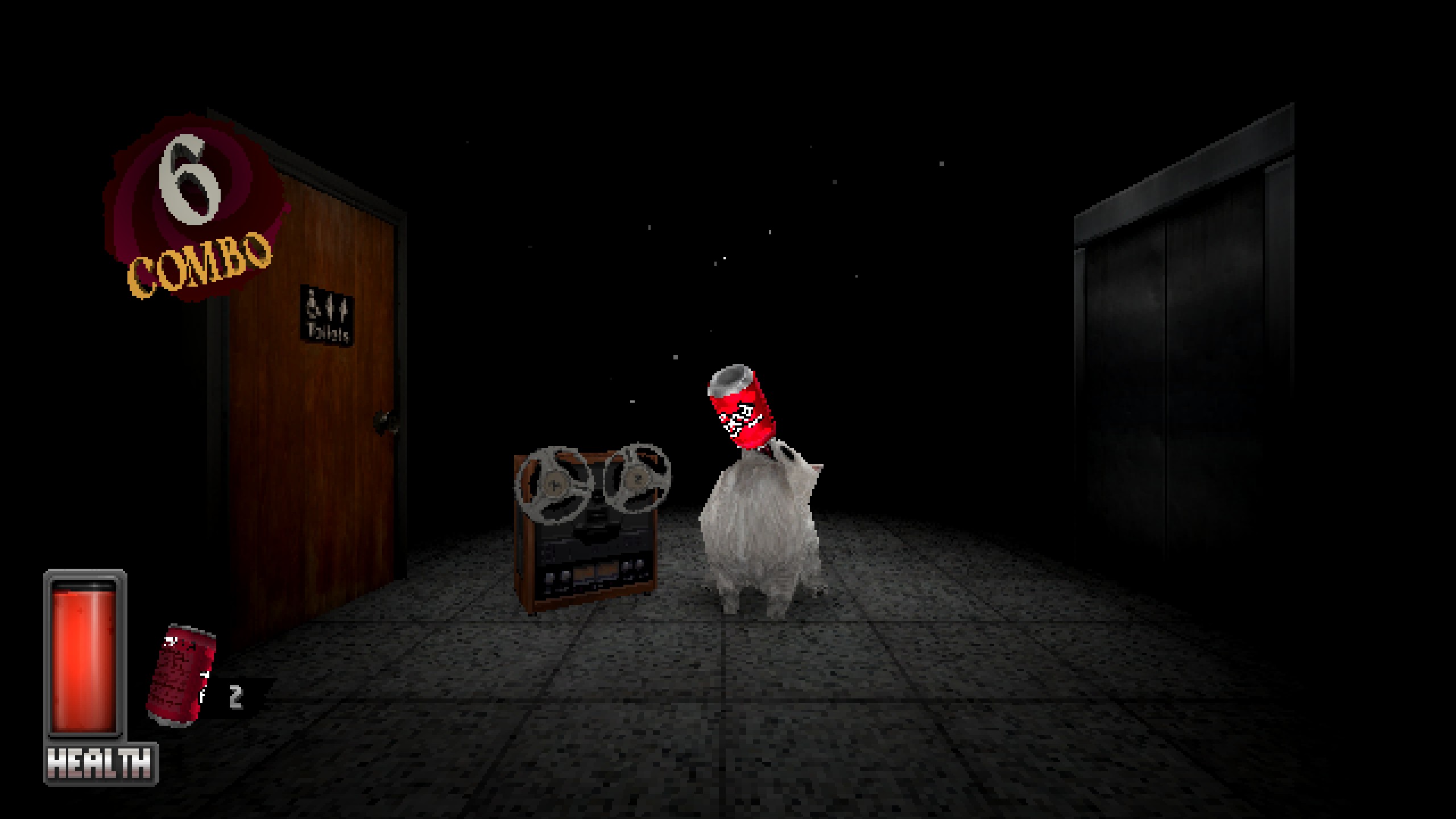 A small white dog is upending a can of soda into its mouth, a tape reel player is beside the dog.