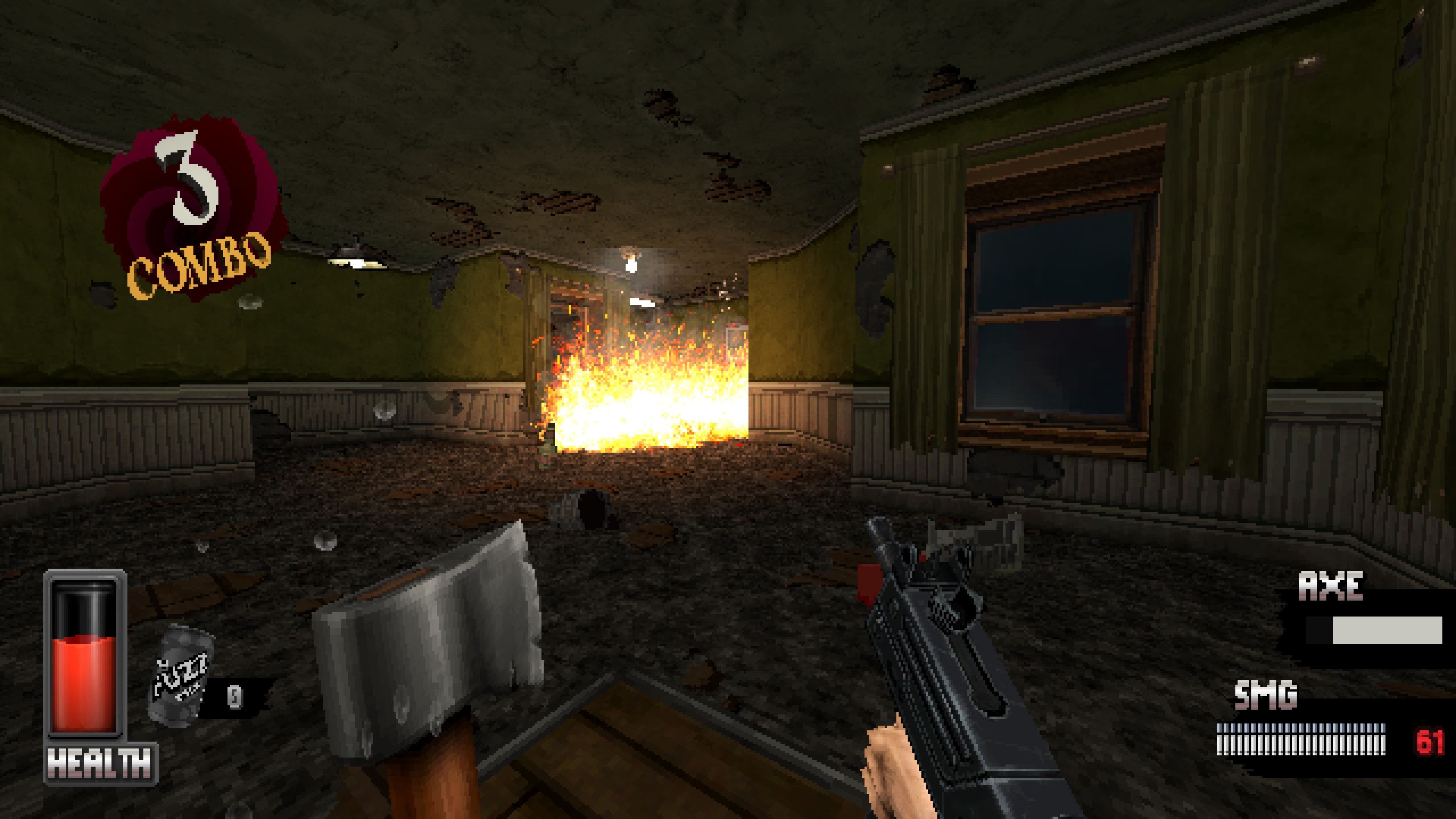 A fire is making its way through a condemned hotel lobby. The carpet and walls are filthy and debris is strewn across the area.