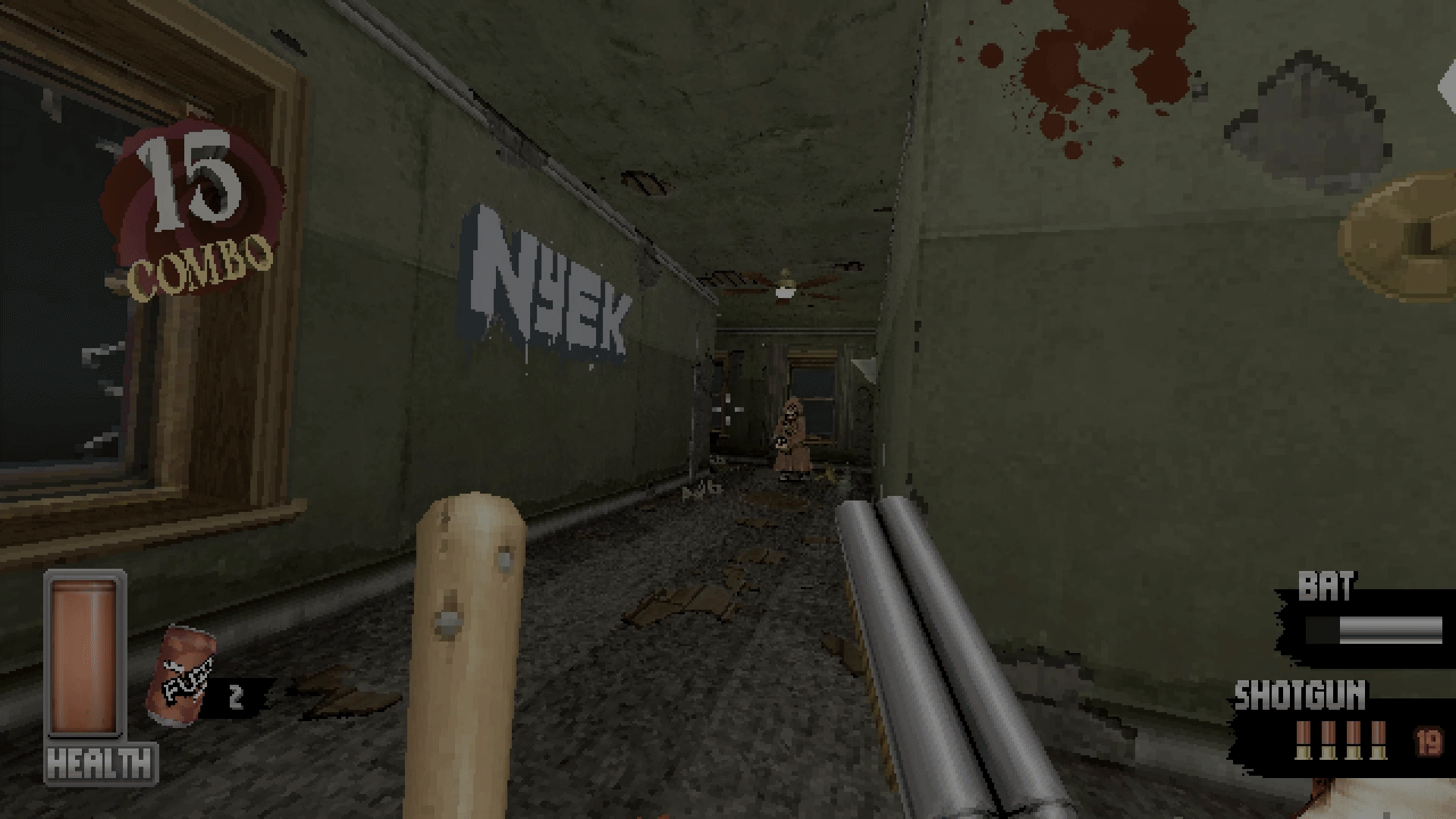 An animated GIF of a cultist being shot with a shotgun and sent flying out a window.