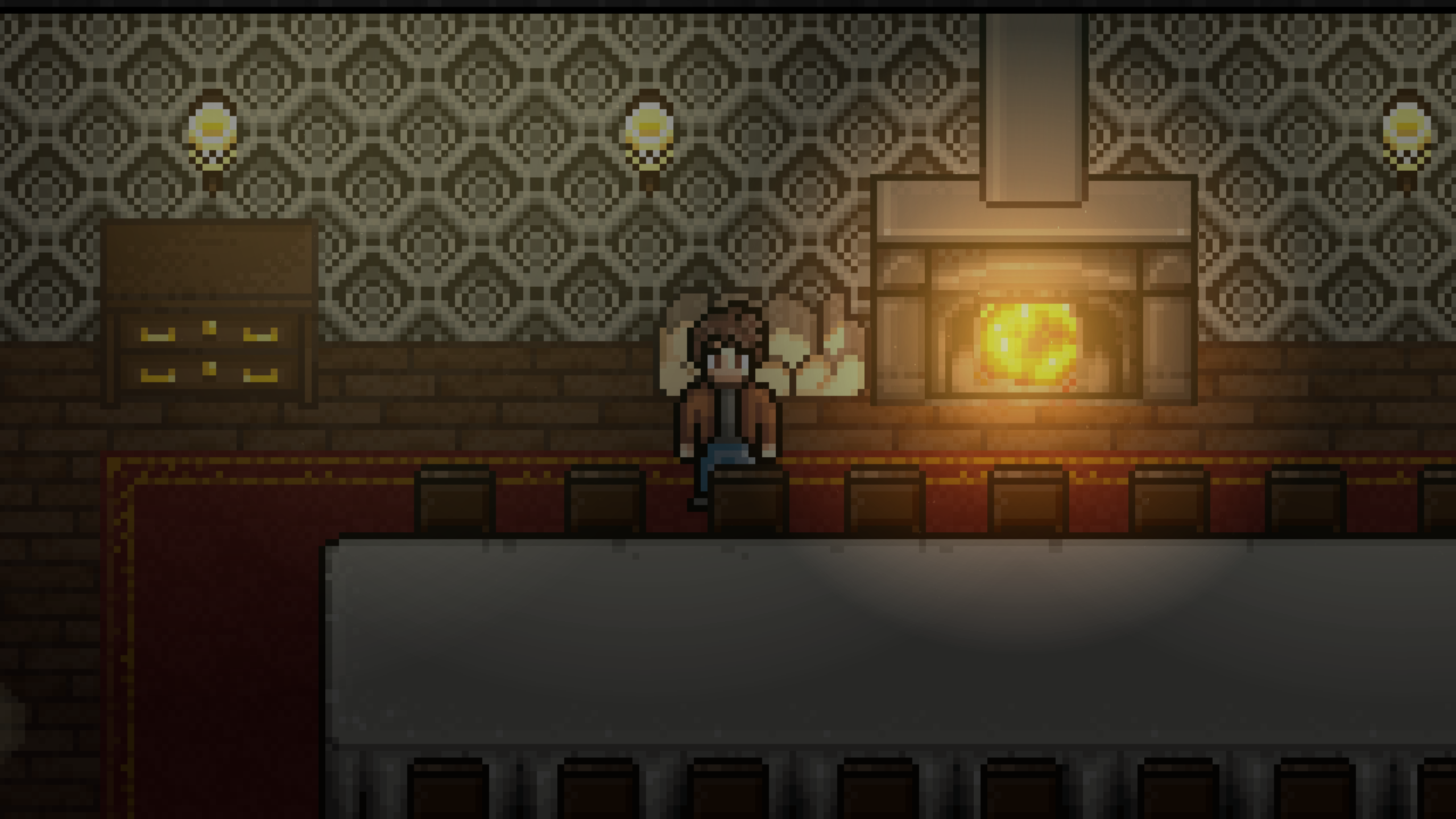 A pixel art character standing in an extravagant dining room with a fireplace roaring behind him.