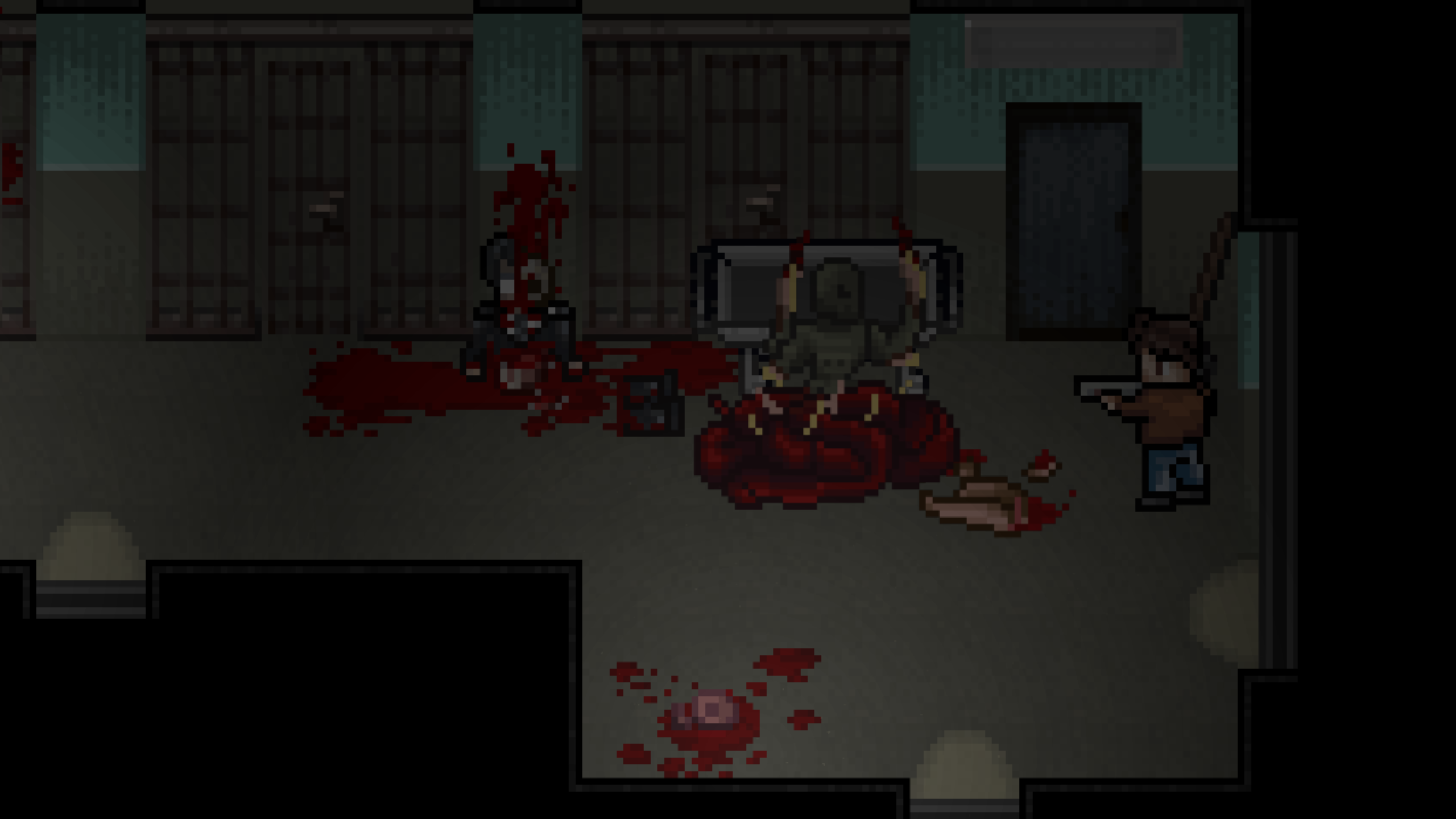 An area filled with what looks like holding cells, possibly underground. The floor is littered with corpses, body parts and blood and a hulking monster lurches towards the player's character, who is pointing a gun at the creature.