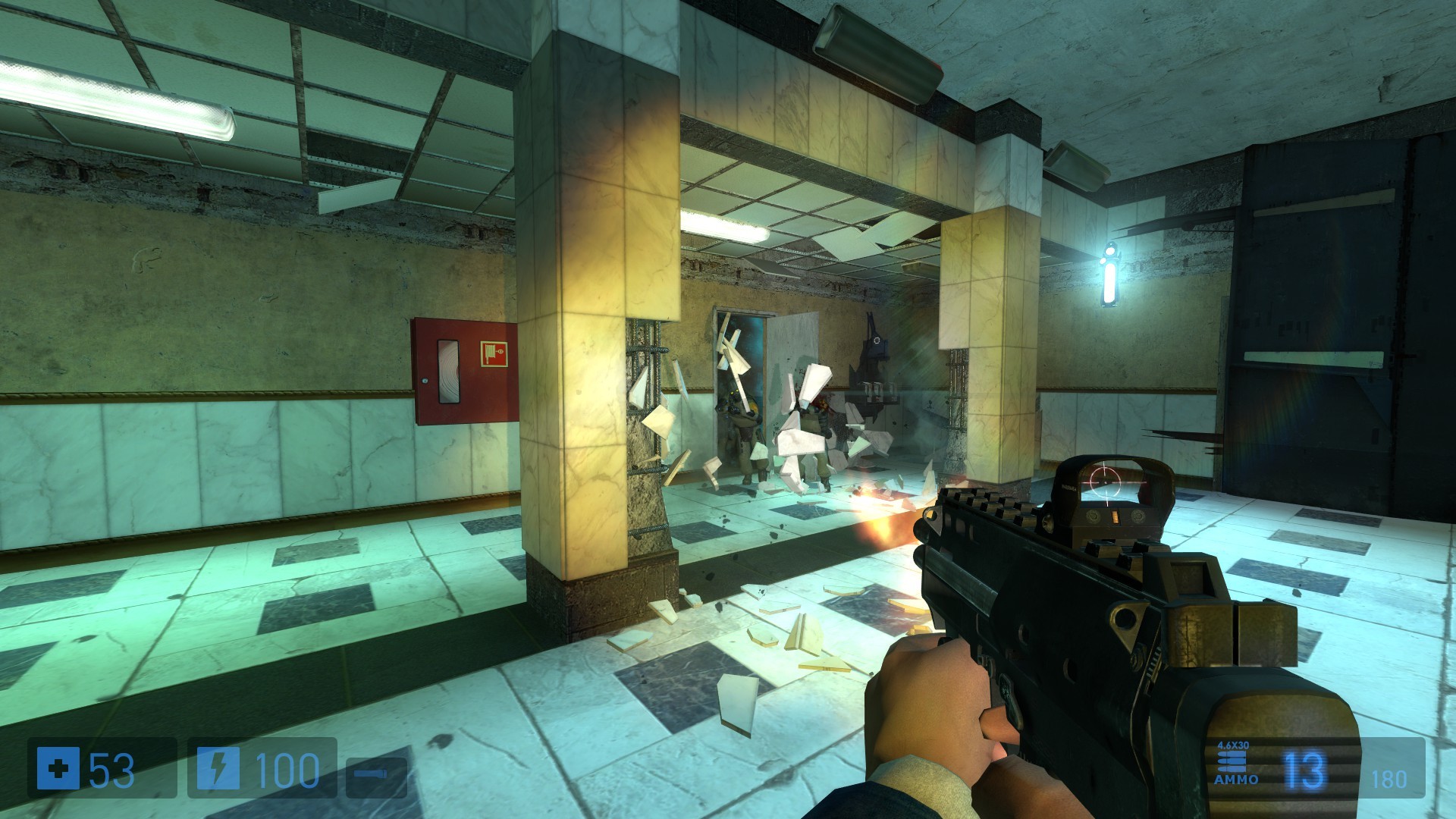 A gunfight in a room with ceramic tile walls, the walls are crumbling from gunfire