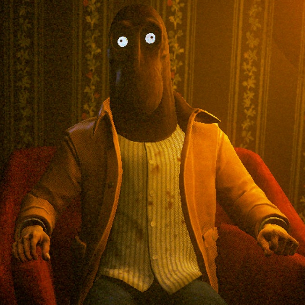 Screenshot from the game "Clickolding" in which a man in a mask sits next to a lamp while the player clicks a clicker.