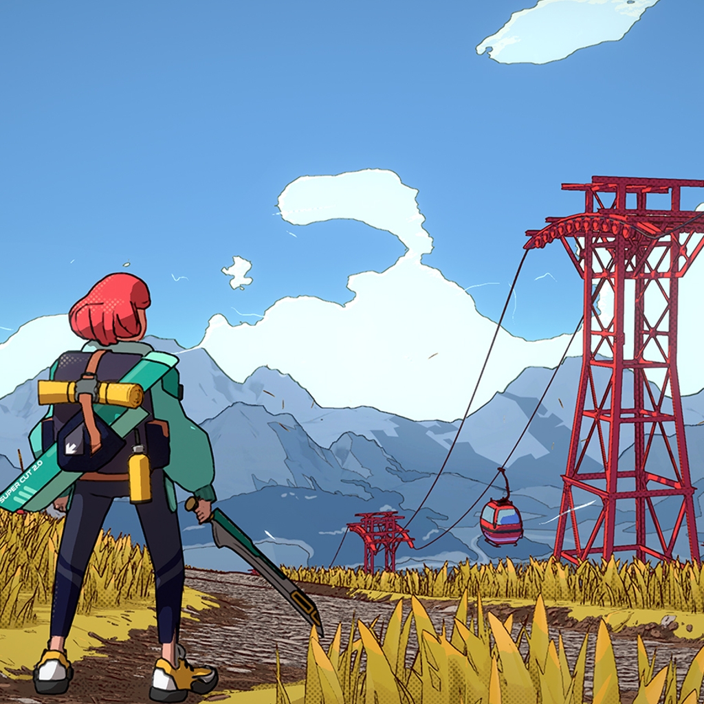 Character in a green vest with a sword looking into the mountains, a red ski lift is to their right.