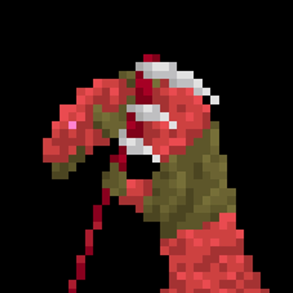A snake man  with a spear and a red mask.