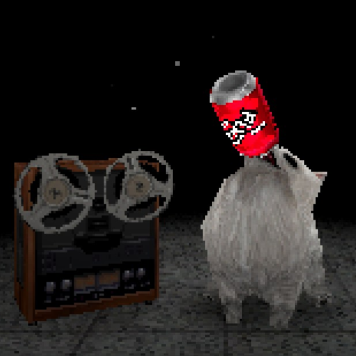 Screenshot from the game "CRUEL" in which a small white dog is upending a can of soda into its mouth, a tape reel player is beside the dog.